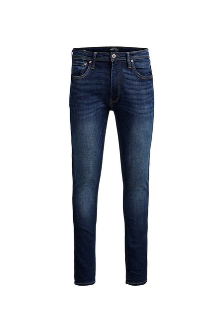 Donkere skinny jeans van denim, van JACK & JONES JEANS INTELLIGENCE, met lichte wassing en klassieke vijfzakkenstijl, front view