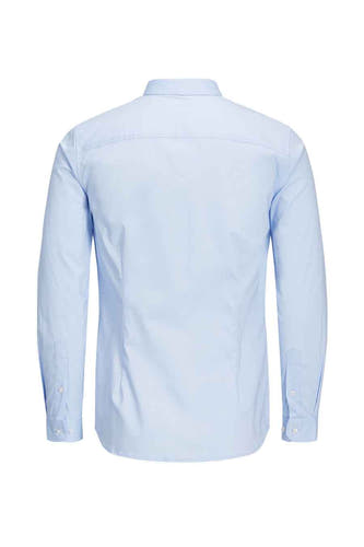 Blauw overhemd met lange mouwen van PREMIUM by JACK & JONES, achterkant weergegeven.