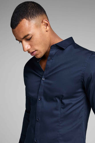 Blauw overhemd met lange mouwen van PREMIUM by JACK & JONES, dichtgeknoopt en effen.