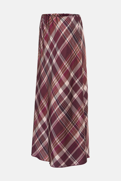 Bordeaux rok van Terra di Siena, met een ruitpatroon en een elastische tailleband.