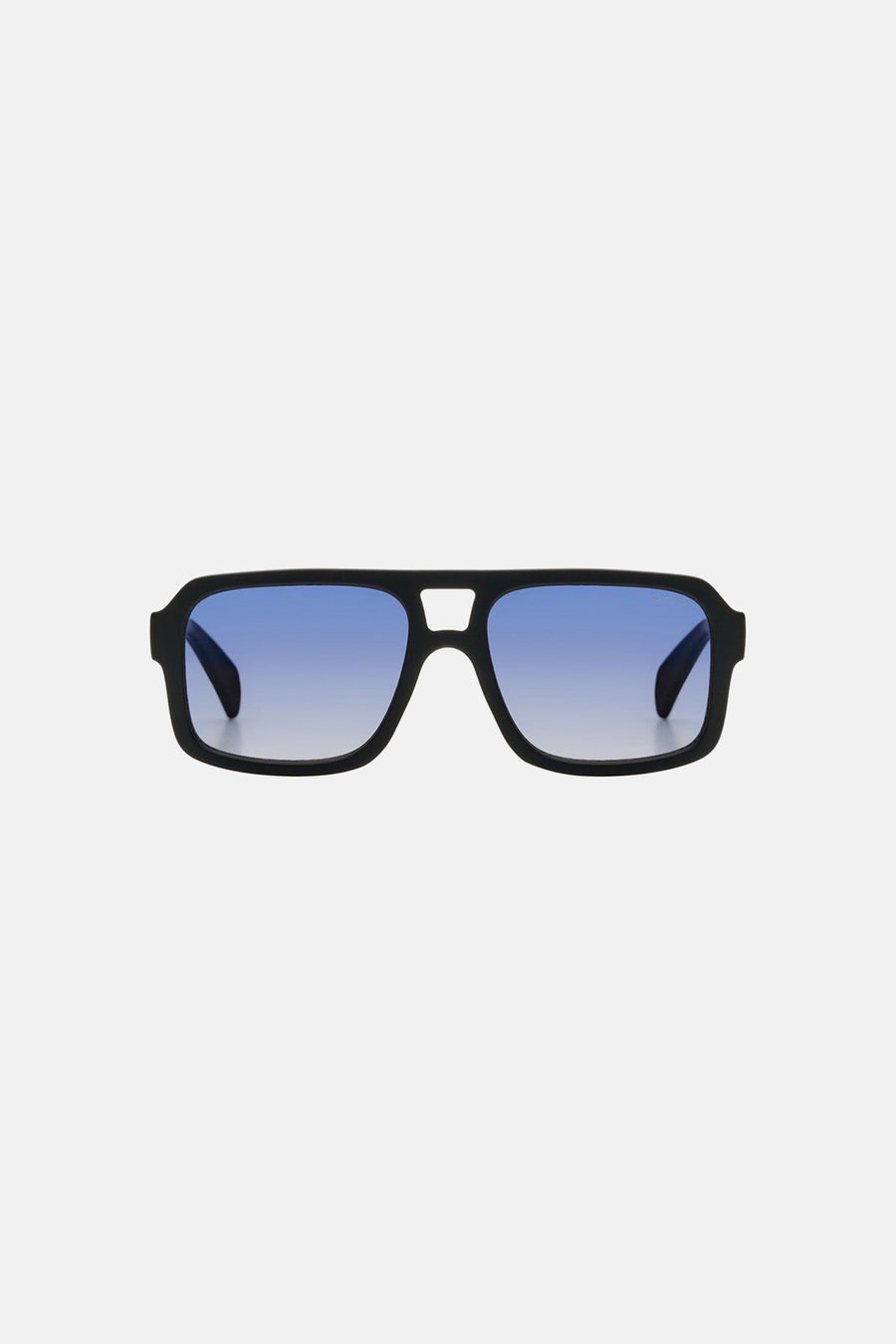Lunettes de soleil noires KOMONO, avec montures rectangulaires et verres teintés en bleu.