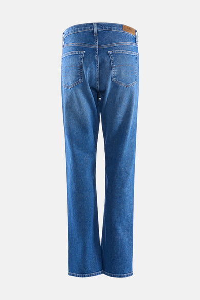 Blauwe rechte jeans van Lee Cooper, achterkant gezien, met merklabel op de tailleband.