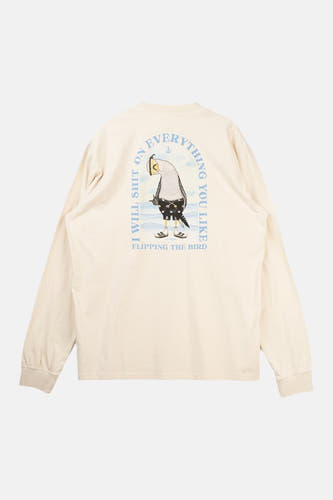 Ecru T-shirt met lange mouwen van LAKOR, met opdruk van een getekende vogel en tekst op de rug.