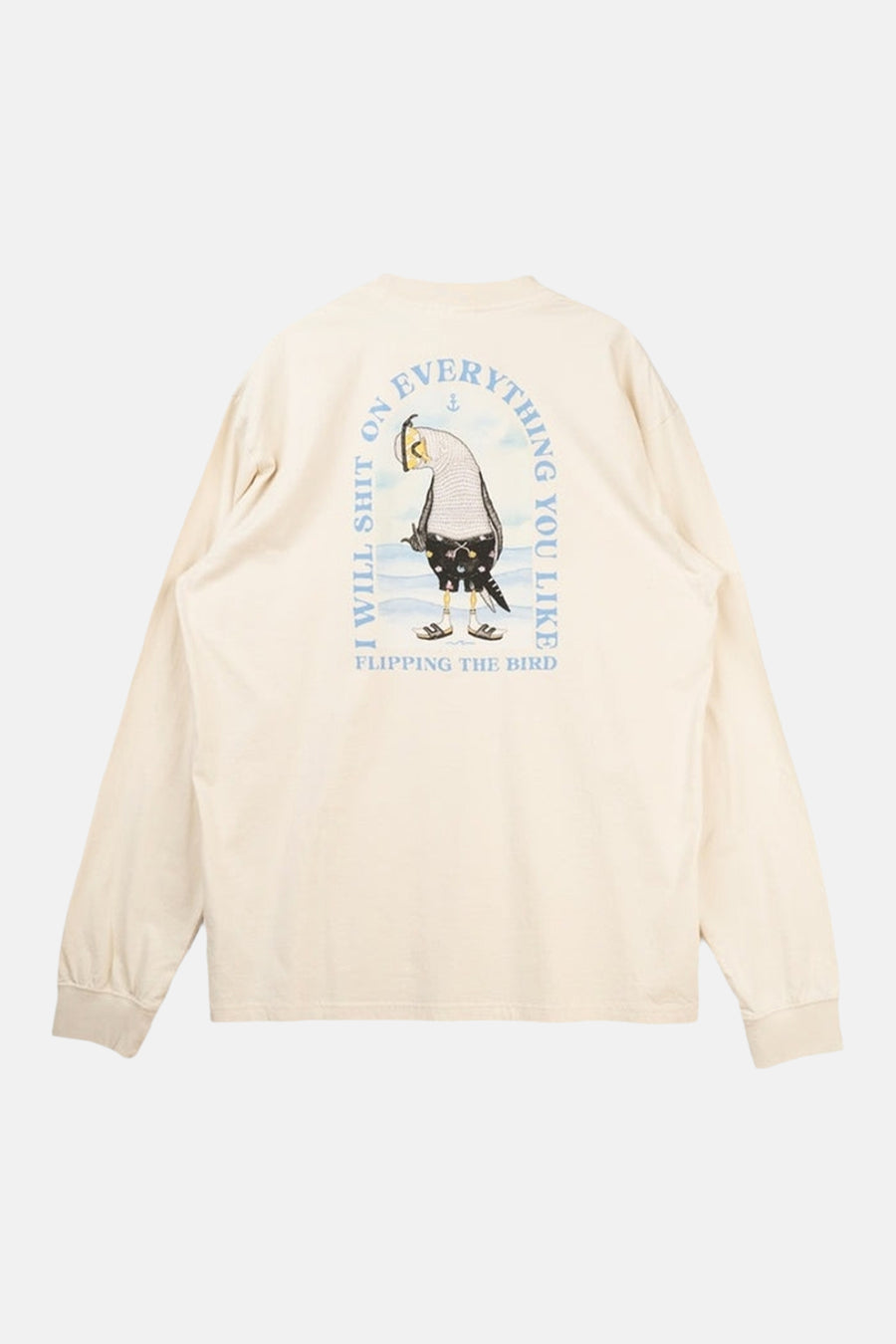 Ecru T-shirt met lange mouwen van LAKOR, met opdruk van een getekende vogel en tekst op de rug.