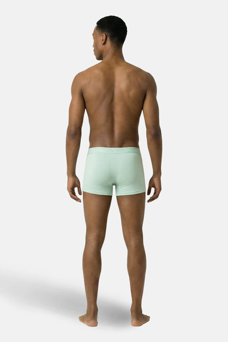 Lichtgroene slip van Calvin Klein, getoond op een mannelijk model van achteren gezien, tegen een effen achtergrond.
