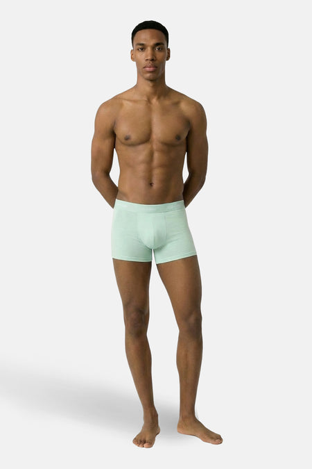 Groene slip van Calvin Klein, gedragen door een donker getinte, gespierde man met de handen op zijn rug.
