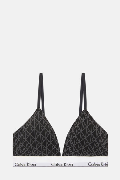 Zwarte beha van Calvin Klein met een subtiel patroon van logo's.
