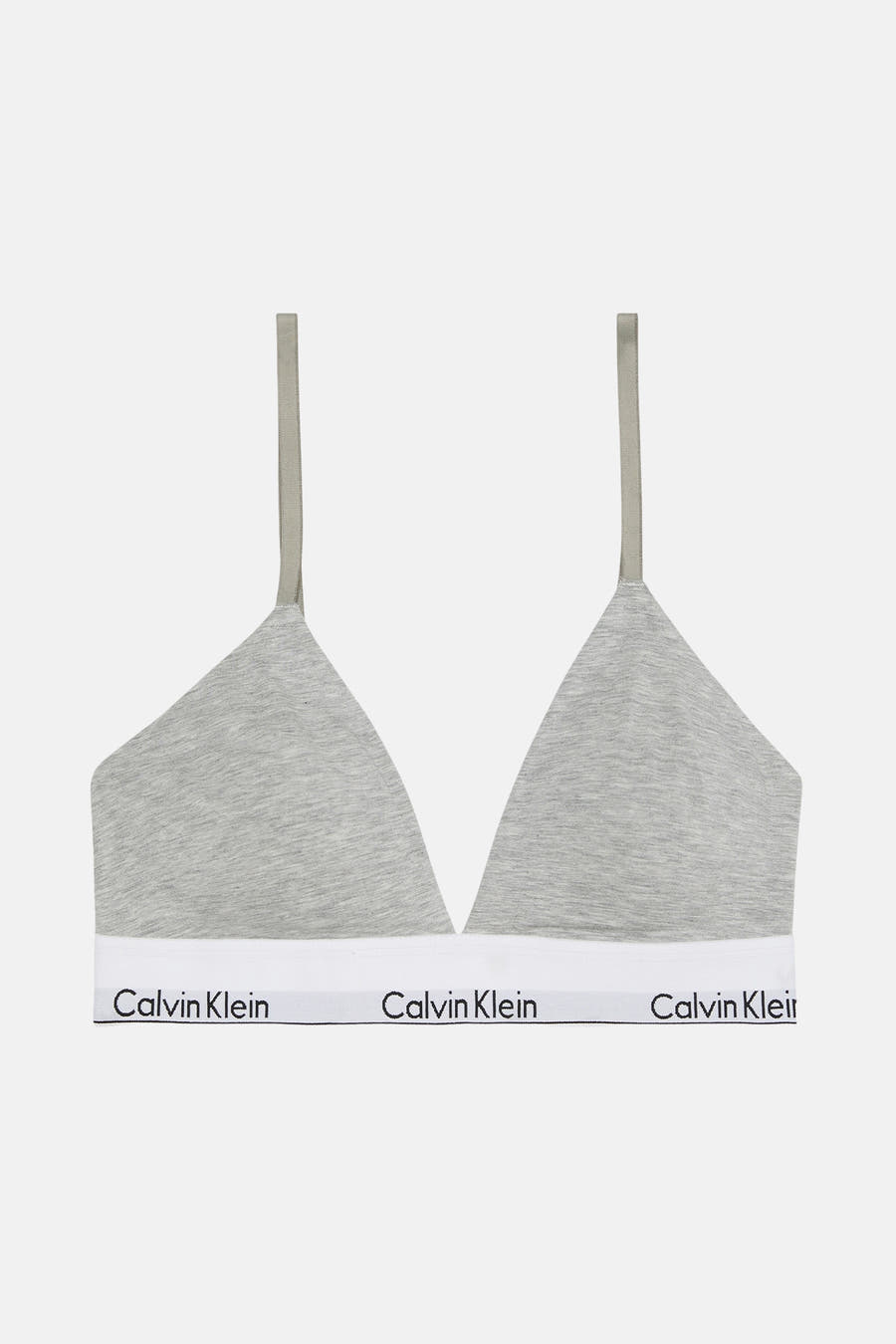 Grijze beha van Calvin Klein met witte logoband aan de onderkant en dunne bandjes.