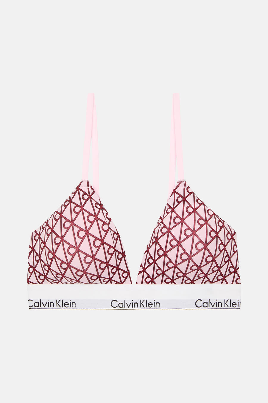 Multikleurige beha van Calvin Klein met een rood patroon en roze bandjes.
