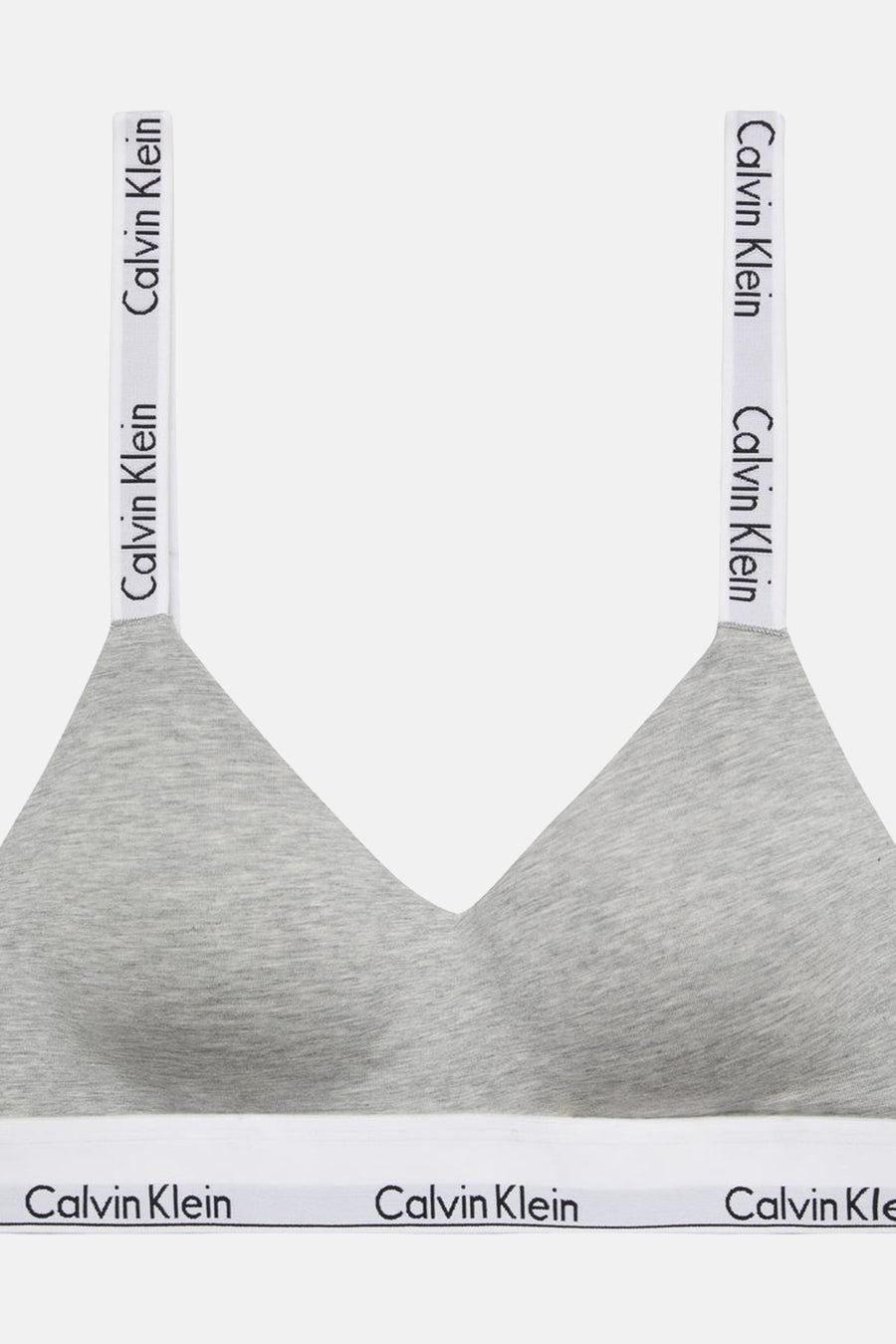 Grijze beha van Calvin Klein met logo op de bandjes en de onderband, cropped.
