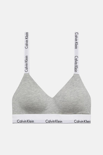 Grijze beha van Calvin Klein, met witte banden en het logo van het merk op de banden.
