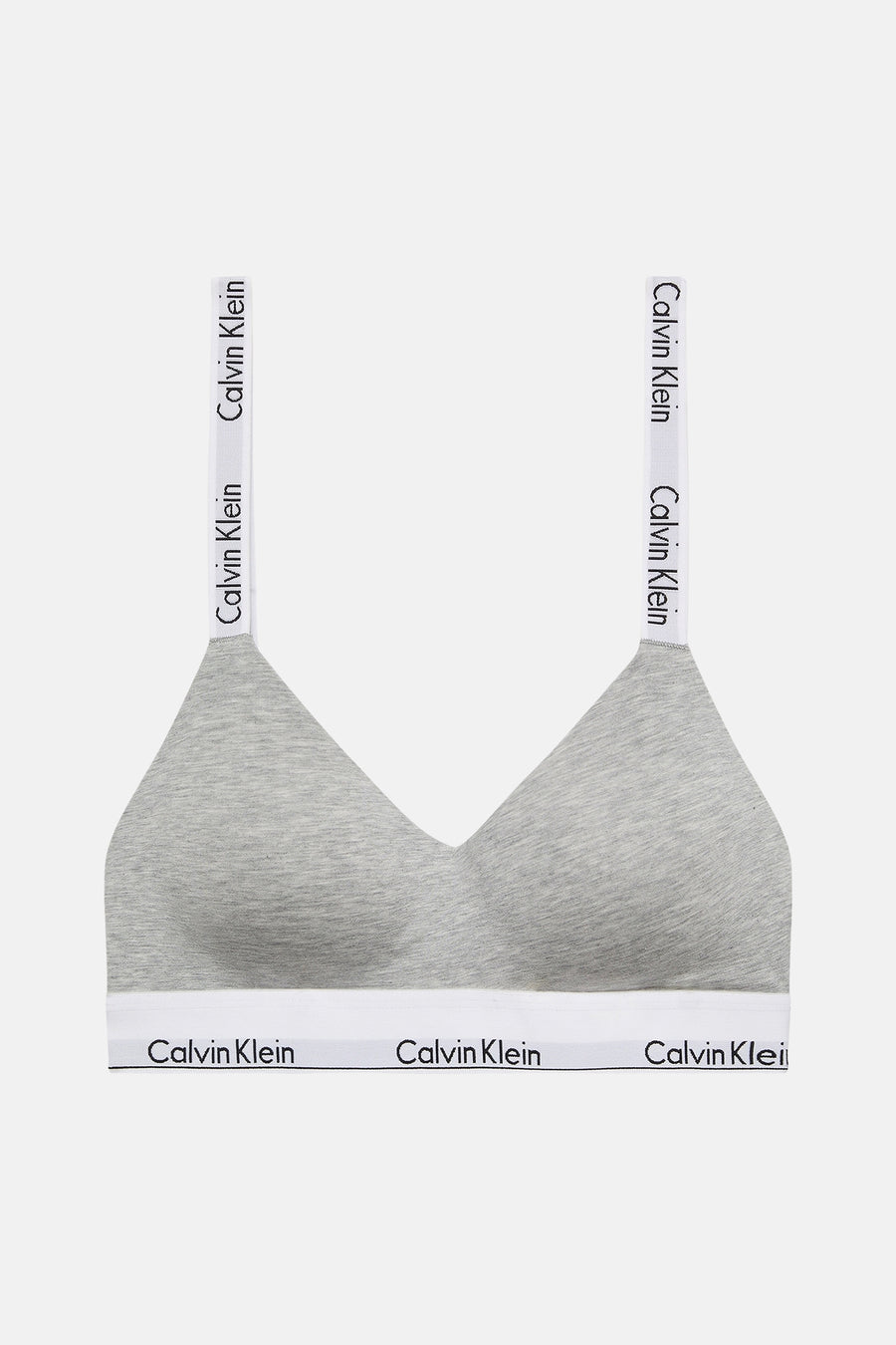 Grijze beha van Calvin Klein, met witte banden en het logo van het merk op de banden.
