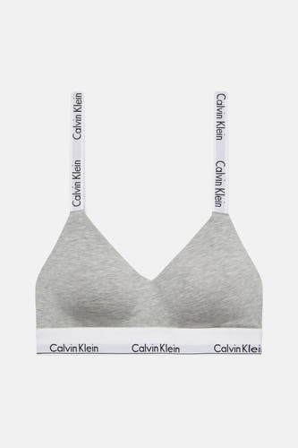 Grijze beha van Calvin Klein met witte banden met logo.
