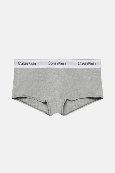 Grijze slip van Calvin Klein met een witte elastische tailleband met logo-opdruk.
