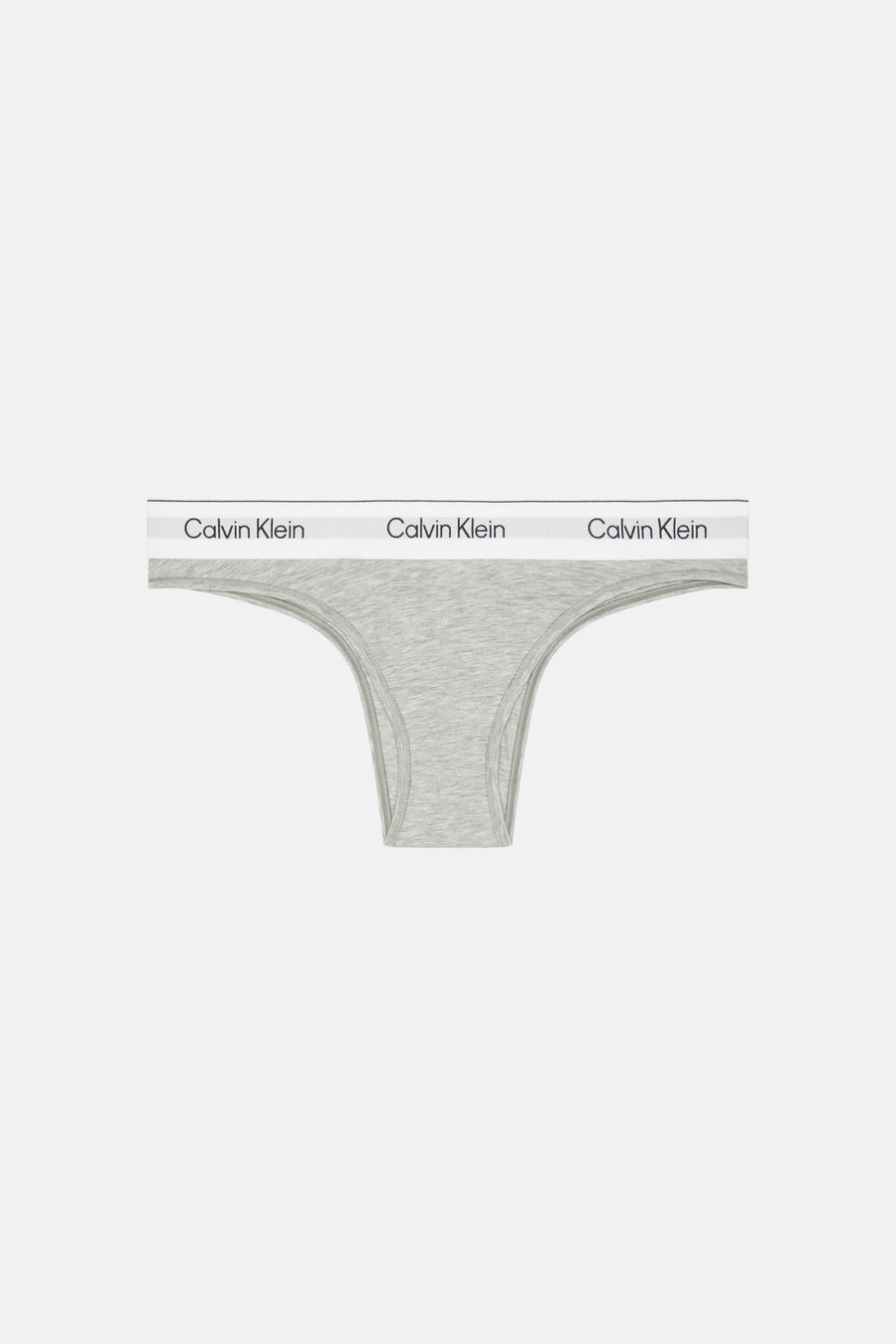 Grijze string van Calvin Klein, met een witte elastische band met logo.