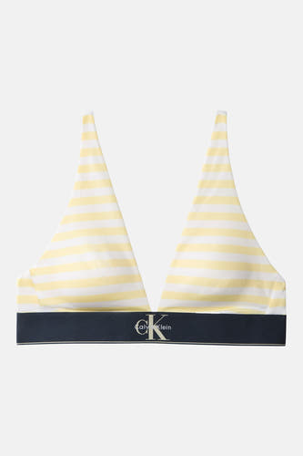 Gestreepte gele beha van Calvin Klein met witte strepen en een donkerblauwe logoband.