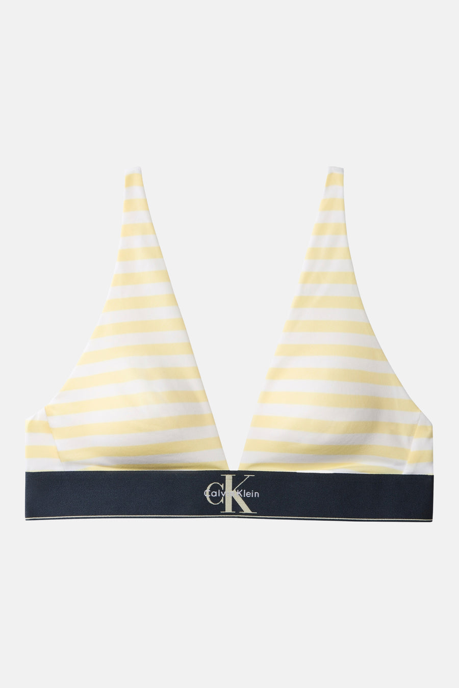 Gestreepte gele beha van Calvin Klein met witte strepen en een donkerblauwe logoband.