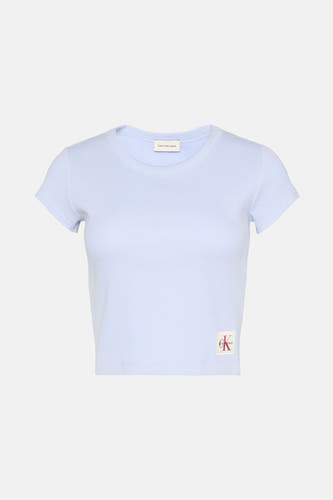 T-shirt bleu à manches courtes de Calvin Klein Jeans, avec un tissage côtelé et un logo sur la poitrine.