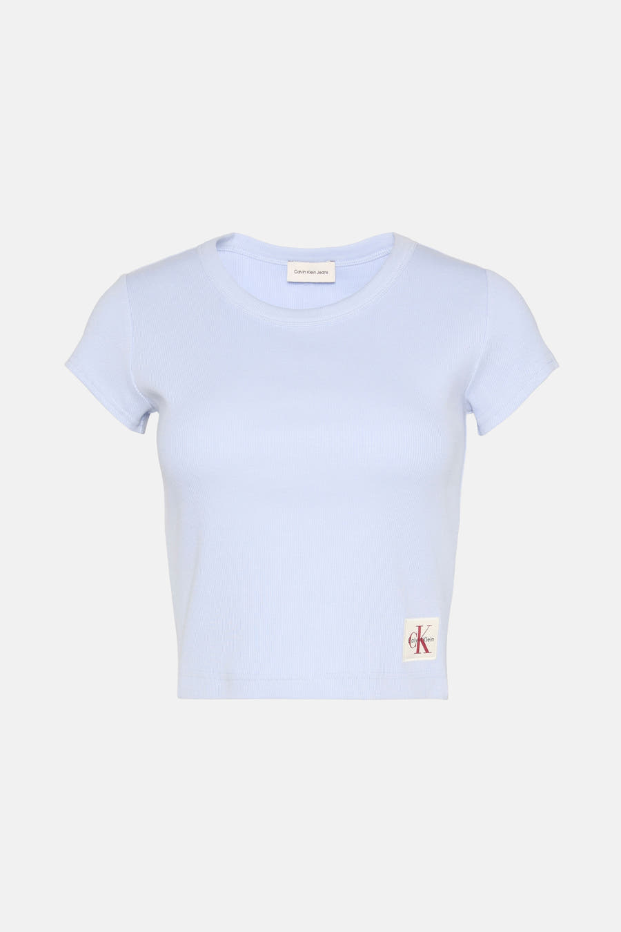 T-shirt bleu à manches courtes de Calvin Klein Jeans, avec un tissage côtelé et un logo sur la poitrine.