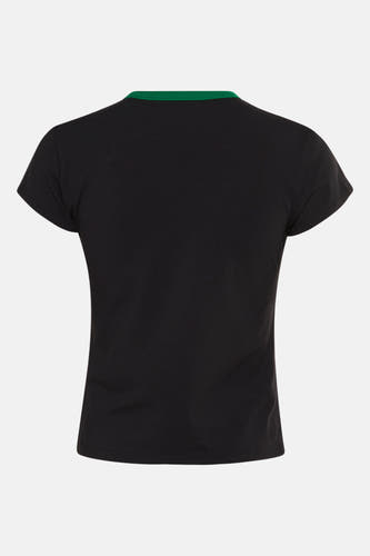 Zwart T-shirt met korte mouwen van Calvin Klein, met een groene halslijn.
