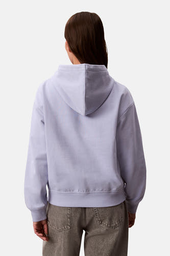 Pull-over marron avec capuche de Calvin Klein, vue arrière, associé à un pantalon gris.