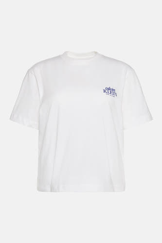 T-shirt blanc à manches courtes Calvin Klein, avec imprimé logo bleu sur la poitrine.
