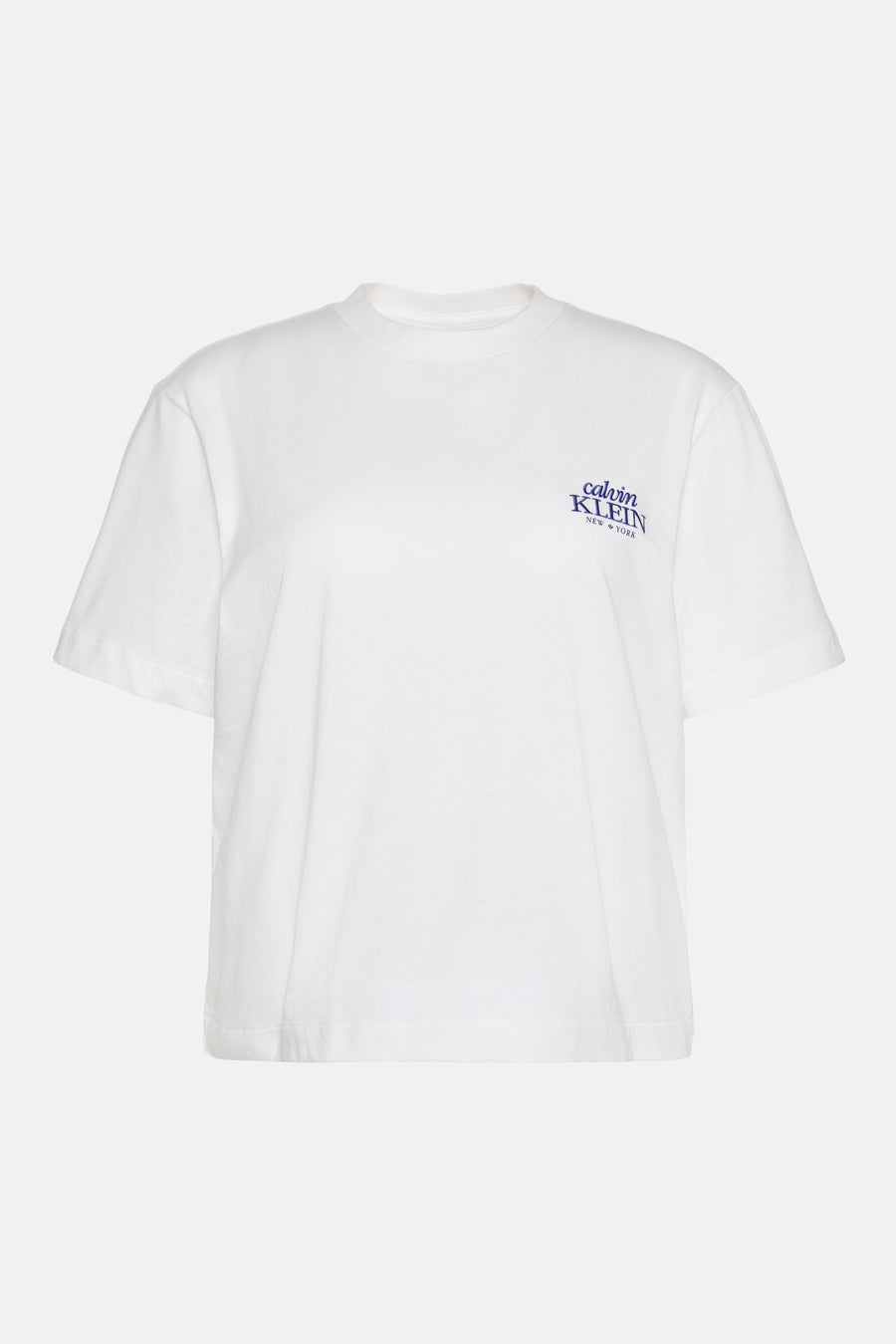 T-shirt blanc à manches courtes Calvin Klein, avec imprimé logo bleu sur la poitrine.