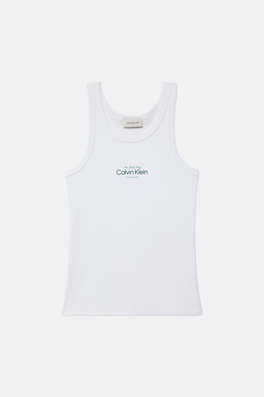 Witte tanktop van Calvin Klein, met een geribbelde textuur en groene merklogo-opdruk.