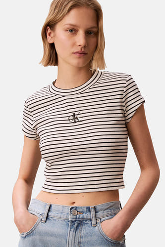 Gestreept T-shirt van Calvin Klein, met korte mouwen en een logo op de borst.
