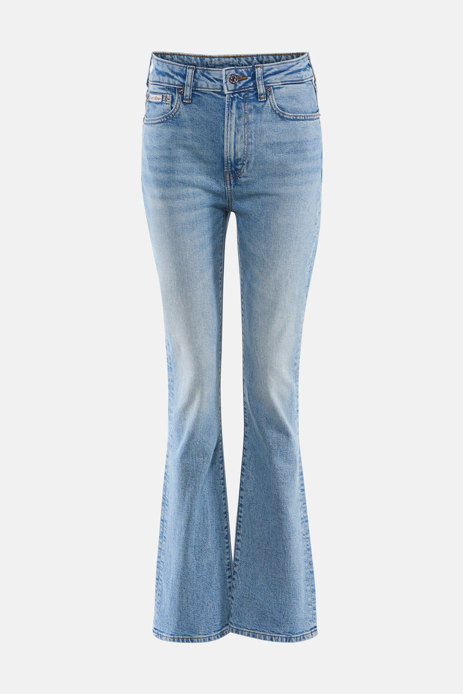 Lichtblauwe skinny bootcut jeans van Calvin Klein, met verbleekt denim, flared pijpen en klassieke zakken, front view