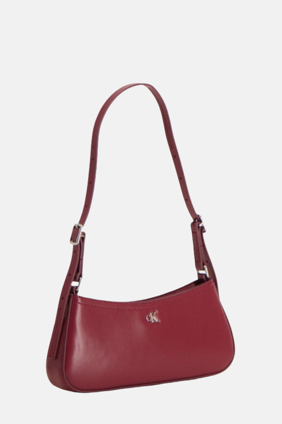 Bordeauxrode Calvin Klein tas met zilverkleurig CK logo.
