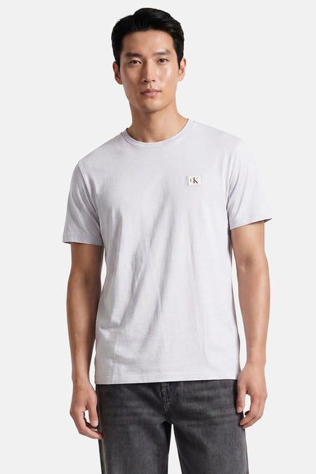 Grijze korte mouw T-shirt van Calvin Klein met klein wit logo op borst, gedragen door model in lifestyle pose