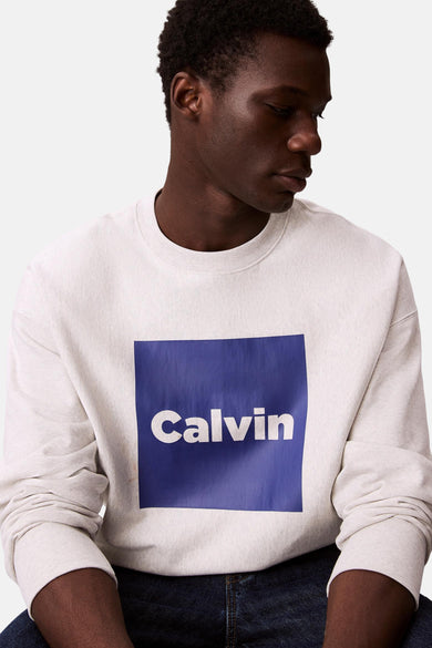 Grijze sweater met ronde hals van Calvin Klein, met blauw logo op de borst, gedragen met een donkere jeans.
