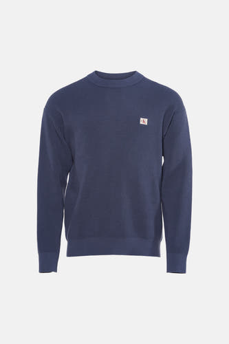 Blauwe ronde hals trui van Calvin Klein met fijne ribstructuur en klein logo op borst, front view