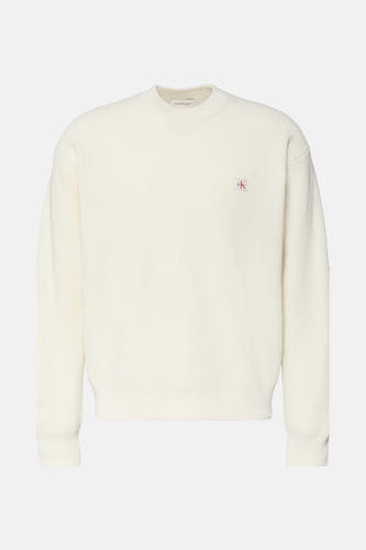 Gilet beige avec col rond de Calvin Klein, doté d'un motif subtil à carreaux et d'un petit logo sur la poitrine.