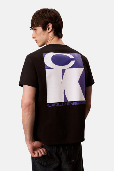 Zwart T-shirt met korte mouwen van Calvin Klein, met grote witte en blauwe CK print op de rug.
