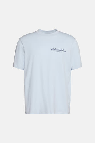 T-shirt bleu à manches courtes de Calvin Klein, avec un logo brodé sur la poitrine.
