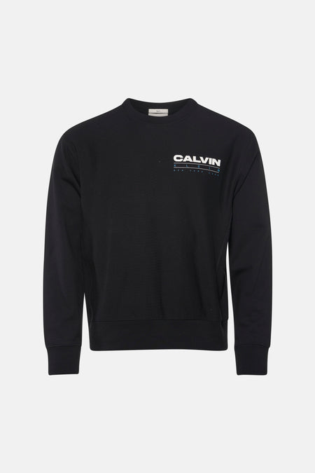 Zwarte ronde-hals sweater van Calvin Klein met wit logo op borst, voorzijde weergave