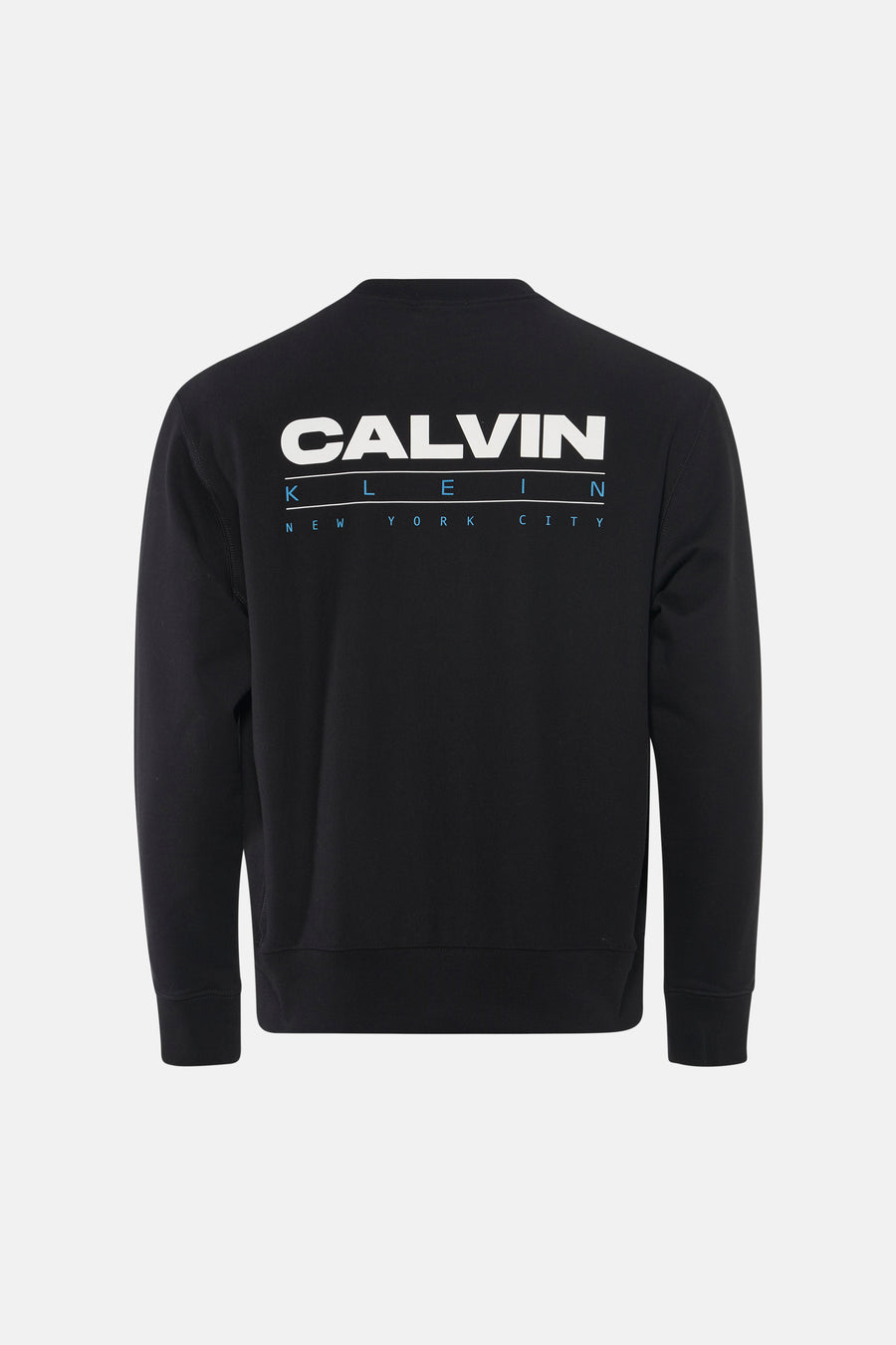 Zwarte ronde hals sweater van Calvin Klein met wit en blauw logo op de rug, strakke pasvorm, achterzijde weergegeven