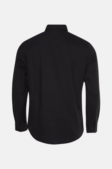 Zwart heren overhemd met lange mouwen van Calvin Klein, gezien vanaf de achterkant, met knoopsluiting op de manchetten.
