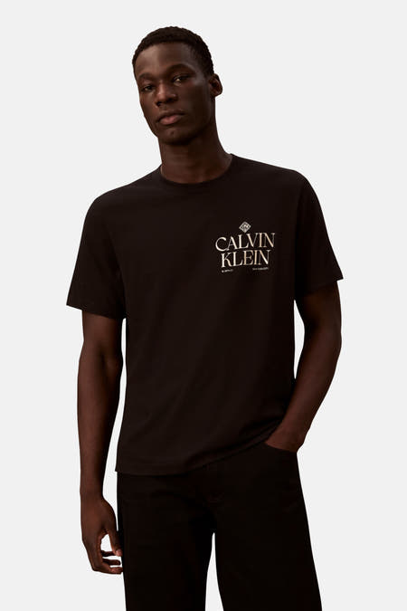 Zwart T-shirt met korte mouwen van Calvin Klein, met een logo op de borst en gedragen met een zwarte broek.
