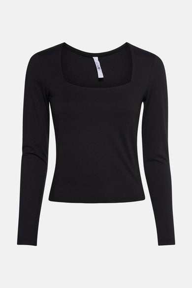 T-shirt noir à manches longues de HAILYS, avec un col carré et une couleur unie.