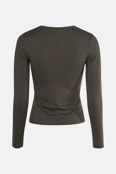 T-shirt kaki à manches longues de HAILYS, vue arrière sur un fond uniforme.