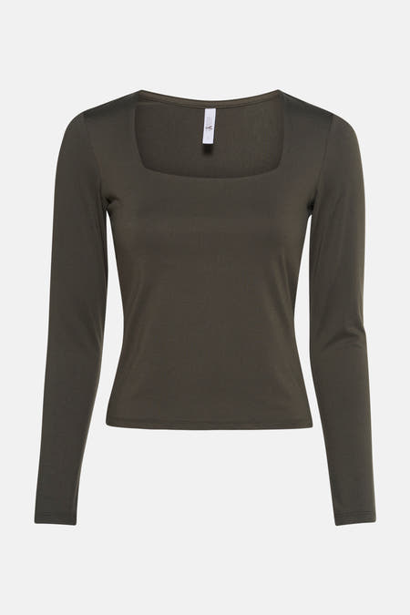 Kaki T-shirt met lange mouwen van HAILYS, met een vierkante halslijn en lange mouwen.