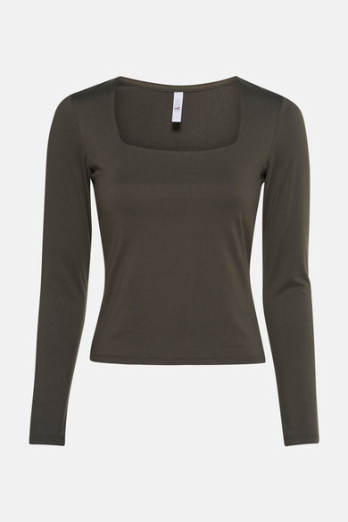 T-shirt kaki à manches longues de HAILYS, avec une encolure carrée et des manches longues.