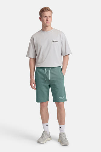 Groene shorts van Petrol Industries, met witte koord en een merklogo op het been, gedragen met een grijs T-shirt en sneakers.
