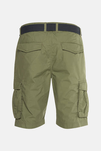Khaki bermuda van Petrol Industries®, gezien van achteren met cargo zakken en een zwarte riem.