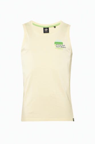 Gele tanktop van Petrol Industries, met een grafische print op de borst.
