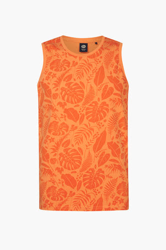 T-shirt orange de Petrol Industries avec une impression de feuilles tropicales, vu de derrière.