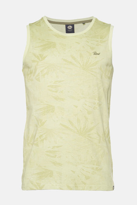 T-shirt vert tank sans manches de Petrol Industries, avec une subtile impression de feuille et un col rond.